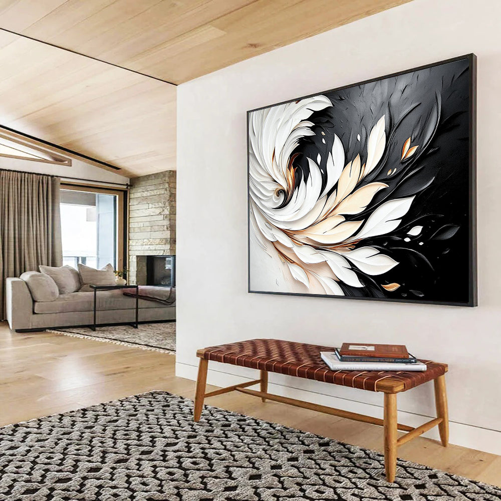 “3D White - Gold Feather Swirl on Black” - White, Gold, 3D Feather Shapes Painting On Canvas HB0796