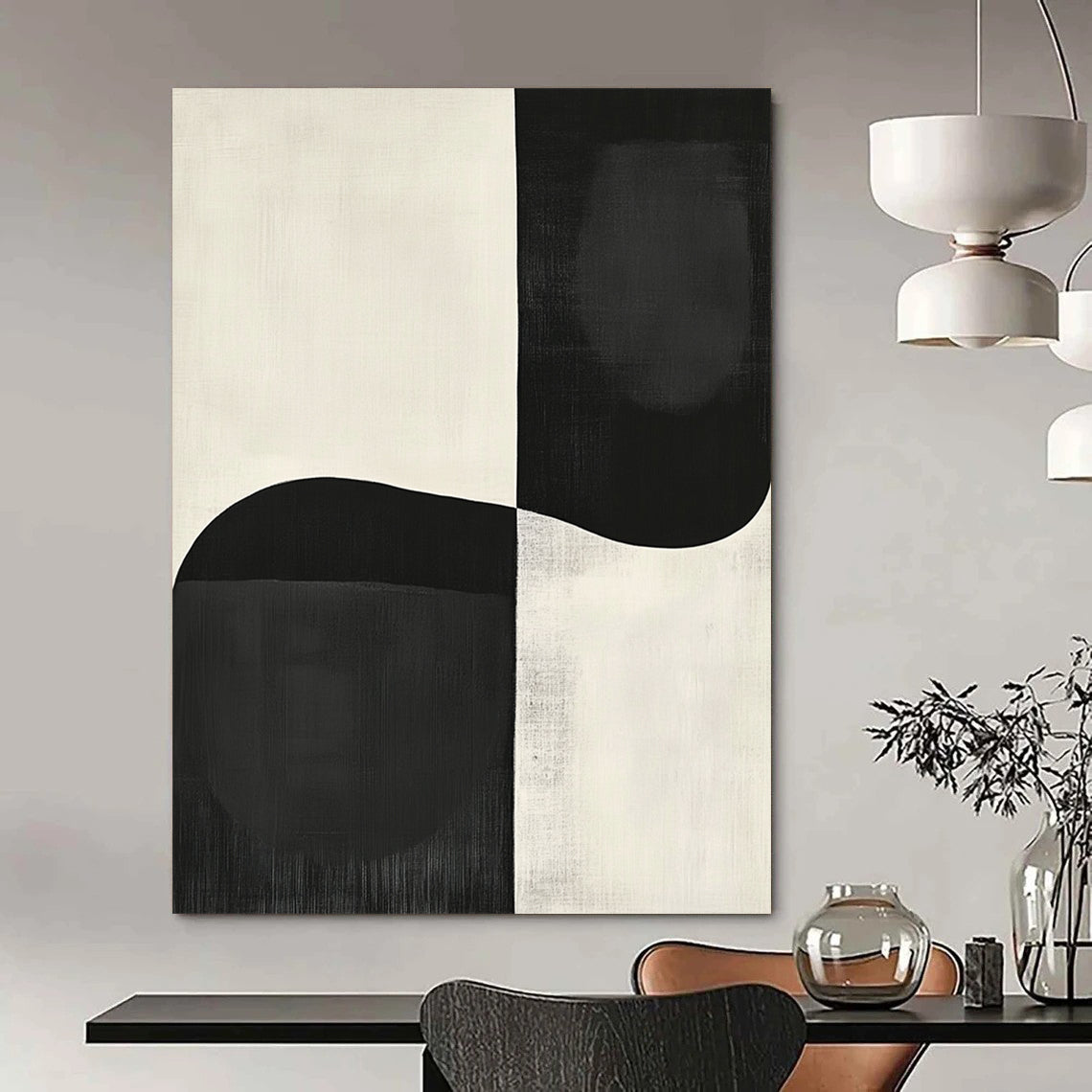 Contemporary abstract painting featuring large black and white shapes inspired by Japandi art and Peter Littleman, perfect for modern decor. DLZ1340