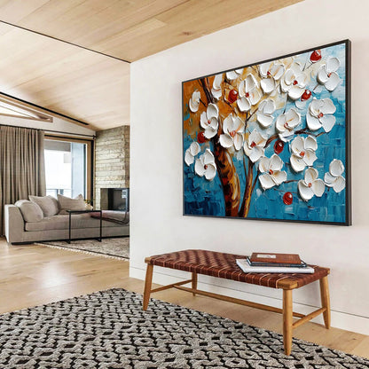 “Textured White Blossoms on Blue” - White, red, brown, blue; 3D - like white flowers on a textured blue background; Palette Knife Oil Painting On Canvas HB1198