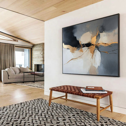 “Gilded Cracks” - Gray, Gold, Black, Abstract Textured Painting On Canvas HB1059