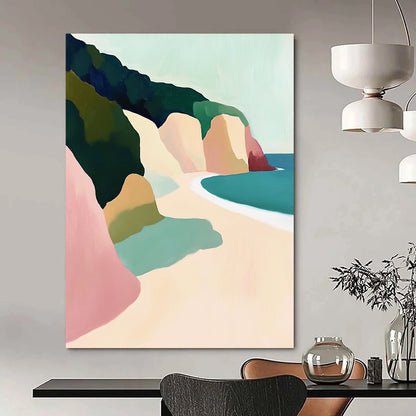 Contemporary hand-painted abstract artwork depicting Big Sur cliffs and beach, featuring a pastel palette and soft brushstrokes emphasizing light and form. DLZ1109