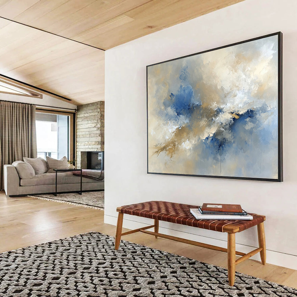 “Ethereal Blue - Beige Cloud Bursts” - Blue, Beige, White, Abstract Cloud - like Forms Painting On Canvas HB0978