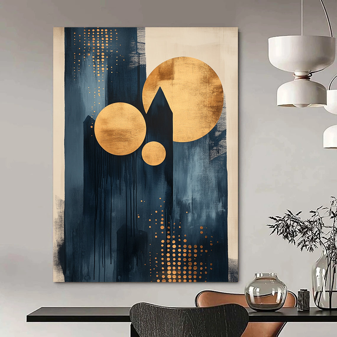 Contemporary abstract artwork featuring dots and lines with black ink light indigo tones and gold accents on canvas texture. DLZ0854