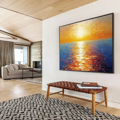 “Radiant Sunset Over Sea” - Orange, Yellow, Blue, Impressionist Seascape Painting On Canvas HB0693