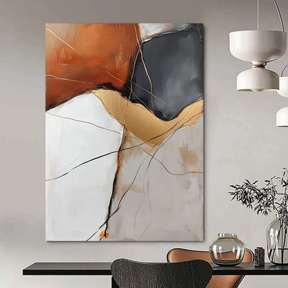 Contemporary hand-painted abstract artwork featuring an orange white grey rock with golden veins and delicate black lines enhancing visual depth. DLZ0963