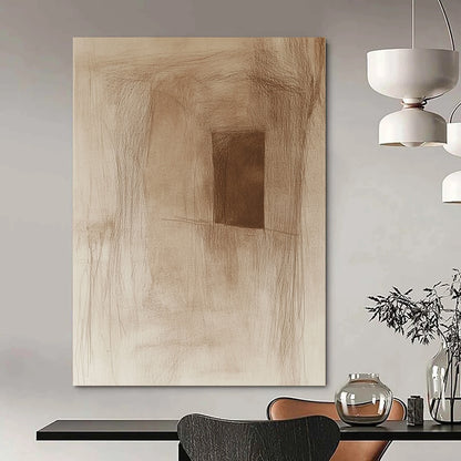 Contemporary abstract artwork features a rough pencil sketch of an ancient cave wall with a small window subtle sepia tones and simple lines. DLZ1452