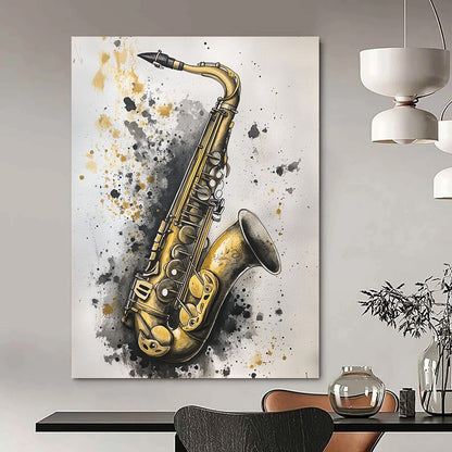 Contemporary hand-painted abstract artwork featuring an old saxophone in gold and silver hues against a soft gray background, creating striking contrast and depth. DLZ1507