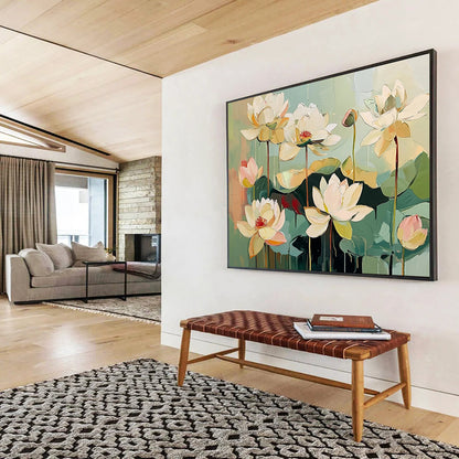 “Textured White Lotus Flowers” - White, Green, Pink, Layered Lotus Blooms - Impasto Acrylic Painting HB1651