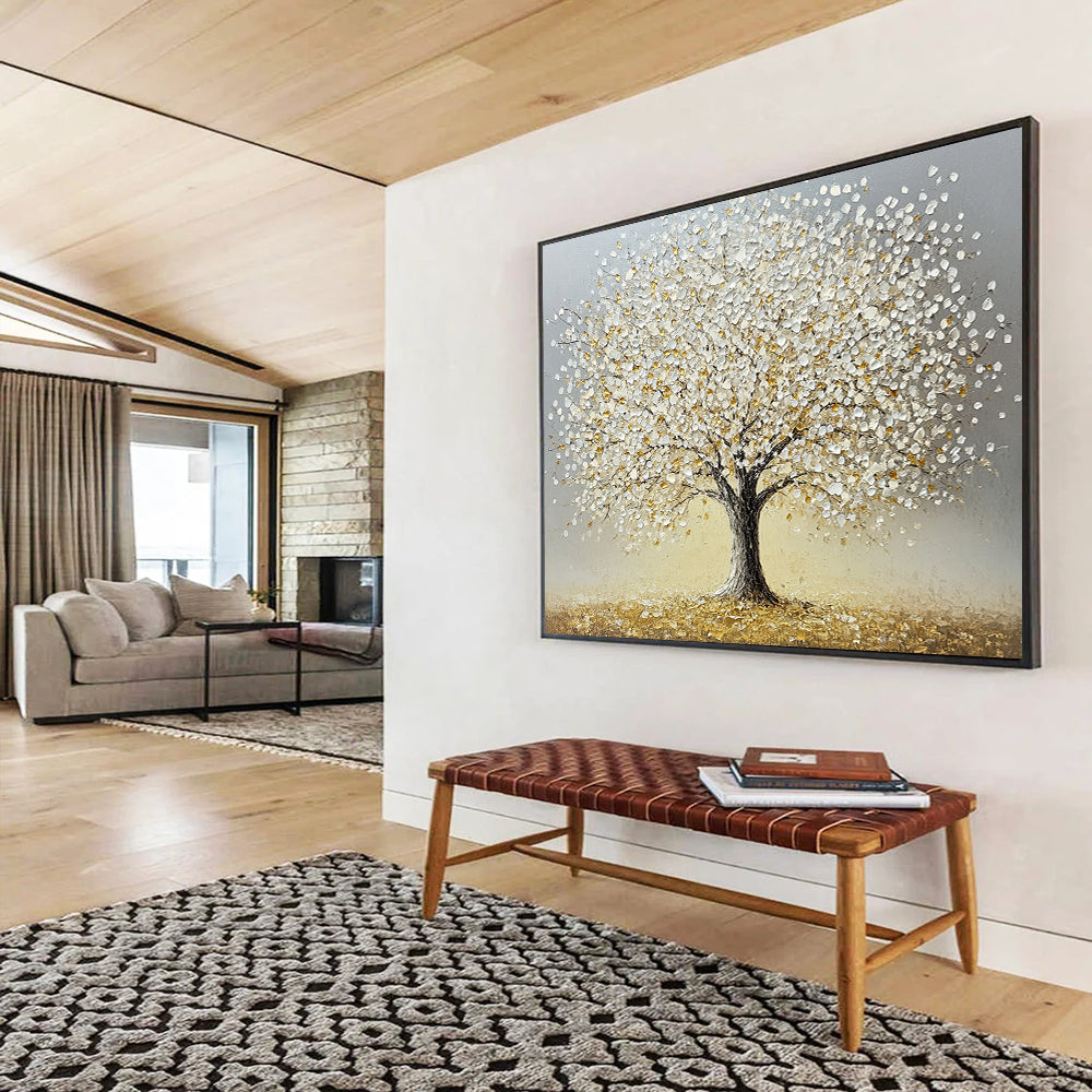 “Silver - Golden Tree” - Gray background, silver leaves, golden accents, Textured Tree Painting On Canvas HB0594
