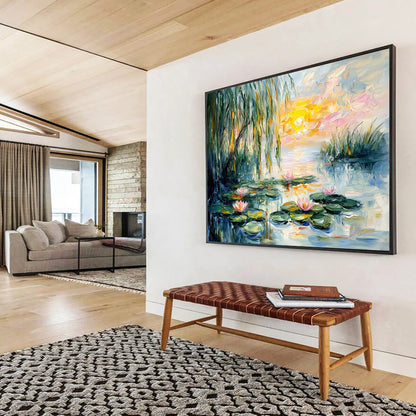 “Sunset Water Lilies” - Pink, Yellow, Green, Water Lilies, Sunset - Impressionist Oil Painting HB1680