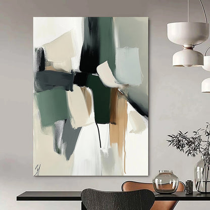 Large contemporary hand-painted abstract artwork with soft shapes and colors in sage green and white, complemented by dark gray for a gentle atmosphere. DLZ0770