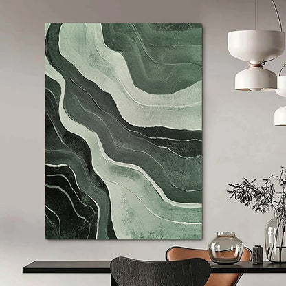 Contemporary hand-painted abstract artwork featuring ethereal green and white wavy lines on a black background with textured effects and muted colors. DLZ1686