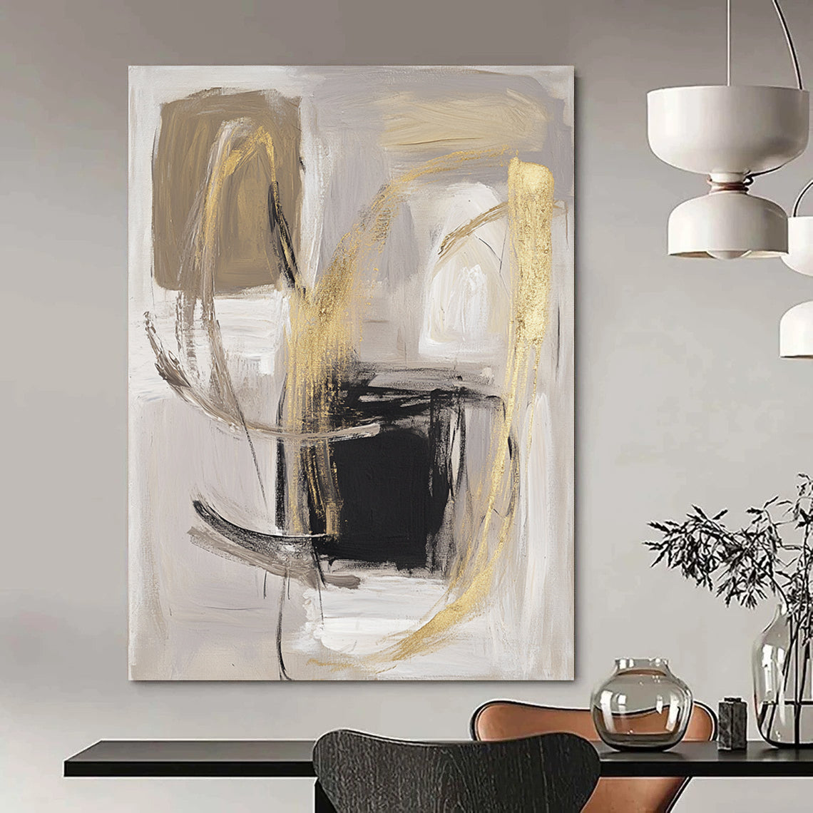 Contemporary abstract artwork featuring bold brush strokes in soft gray and beige with gold accents a minimalistic composition on a white background. DLZ0751