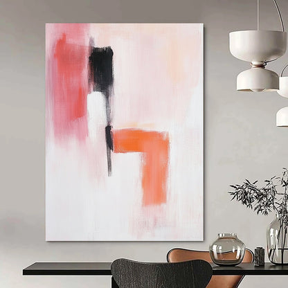 Contemporary abstract painting in soft pink orange and white with a serene figure black shoes and textured elements creating a minimalistic calm composition. DLZ0918