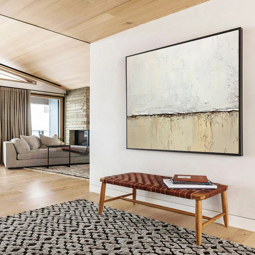 “Minimalist Textured Divide” - White, beige, brown; Textured white and beige divide on a canvas; Soft Acrylic Painting On Canvas HB1200