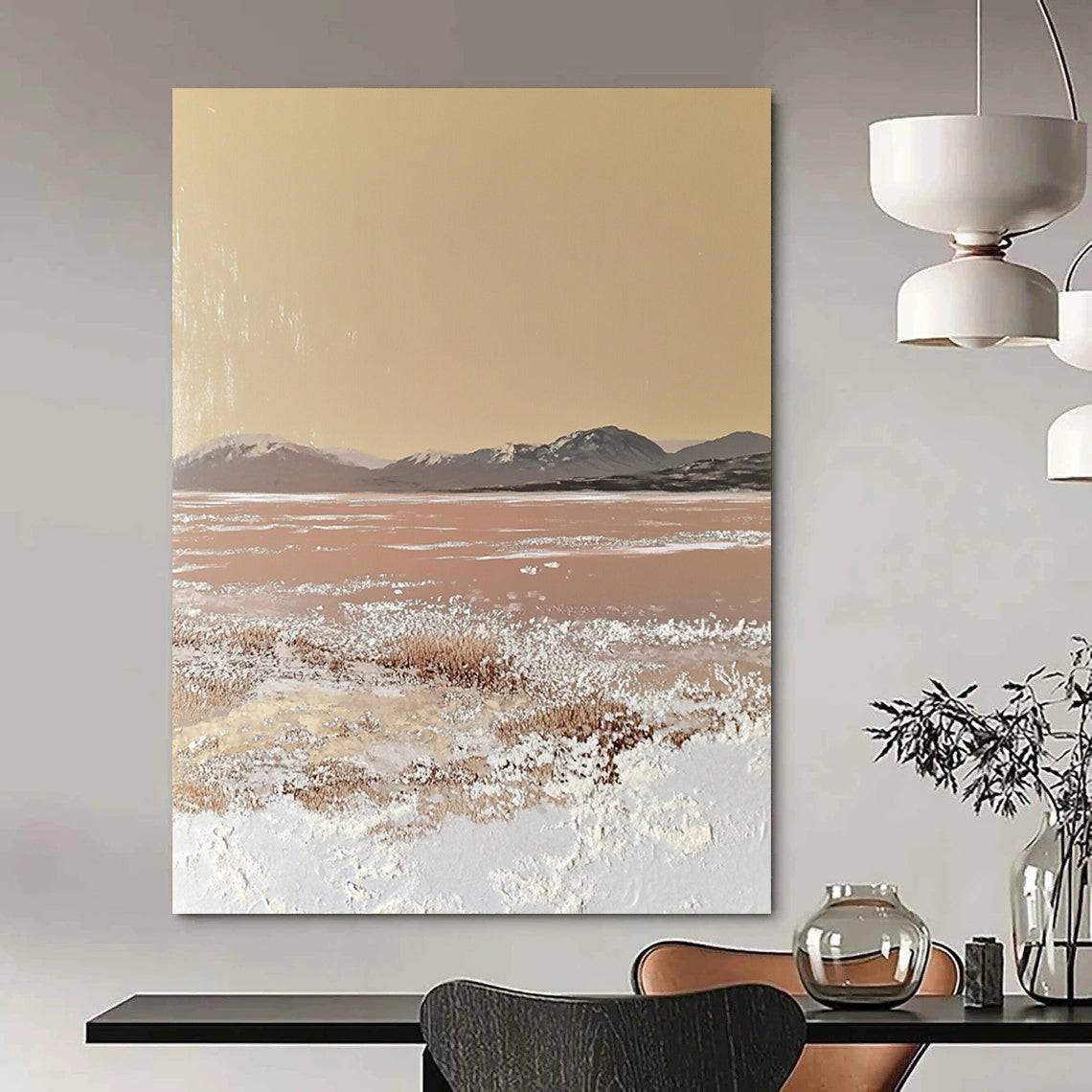 Contemporary hand-painted abstract artwork featuring a textured beige canvas with soft edges and gentle color transitions, inspired by a vast desert landscape. DLZ1487