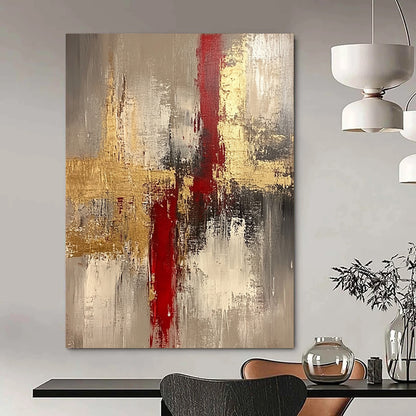 Contemporary hand-painted abstract artwork featuring rich beige tones enhanced with gold and red accents creating a striking visual experience. DLZ0438