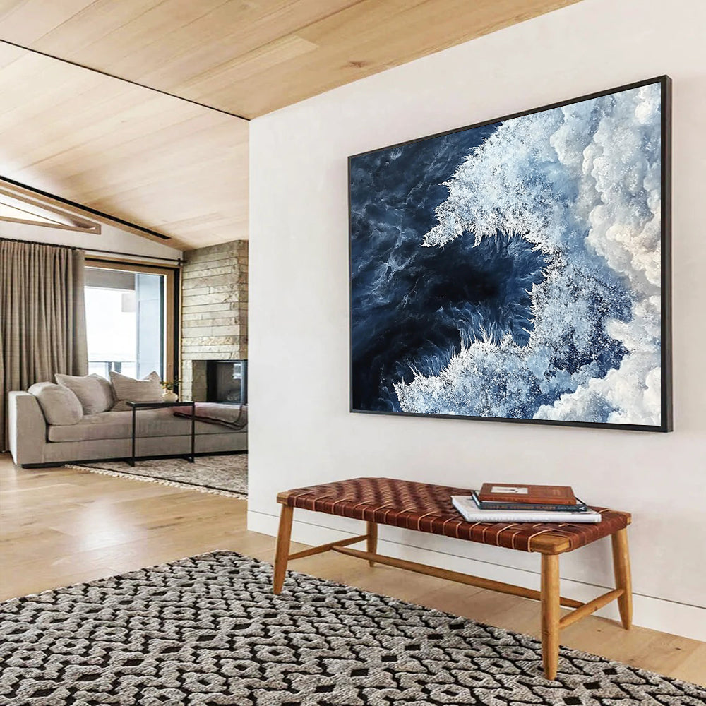 “Ocean Vortex” - Deep Blue, White, Dynamic Sea Painting On Canvas HB0696