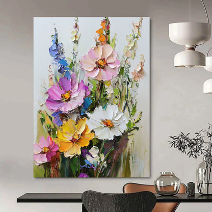 Vibrant contemporary hand-painted abstract art featuring a textured bouquet of flowers with rich colors against a clean white background. DLZ1674