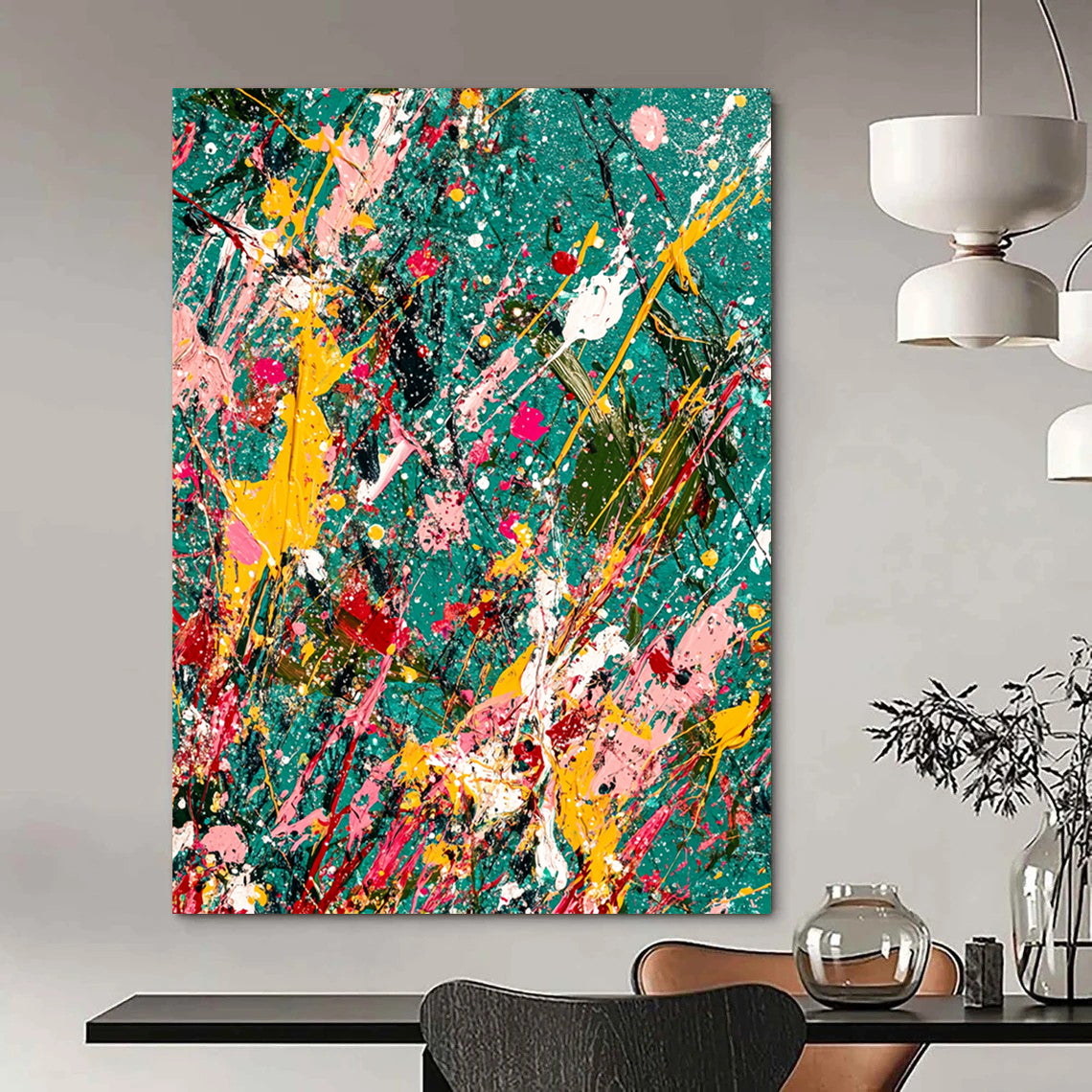 Vibrant contemporary abstract painting featuring splattered paint and glitter on a teal canvas with jungle-green background symbolizing creativity in chaos. DLZ1177