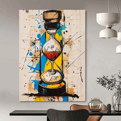 Contemporary abstract art with vibrant colors geometric shapes features an hourglass and a whisky bottle harmoniously integrated in the striking composition. DLZ1090