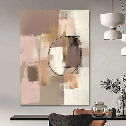 Contemporary hand-painted abstract artwork featuring beige and pink tones with geometric elements and gold accents in soft textures. DLZ0874