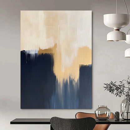 Contemporary hand-painted abstract artwork showcases minimalistic dark blue navy and beige hues with striking gold accents. DLZ0884