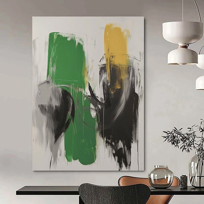 Large contemporary hand-painted abstract artwork featuring green and white tones with black strokes and blurred robot forms in dark gray. DLZ0523