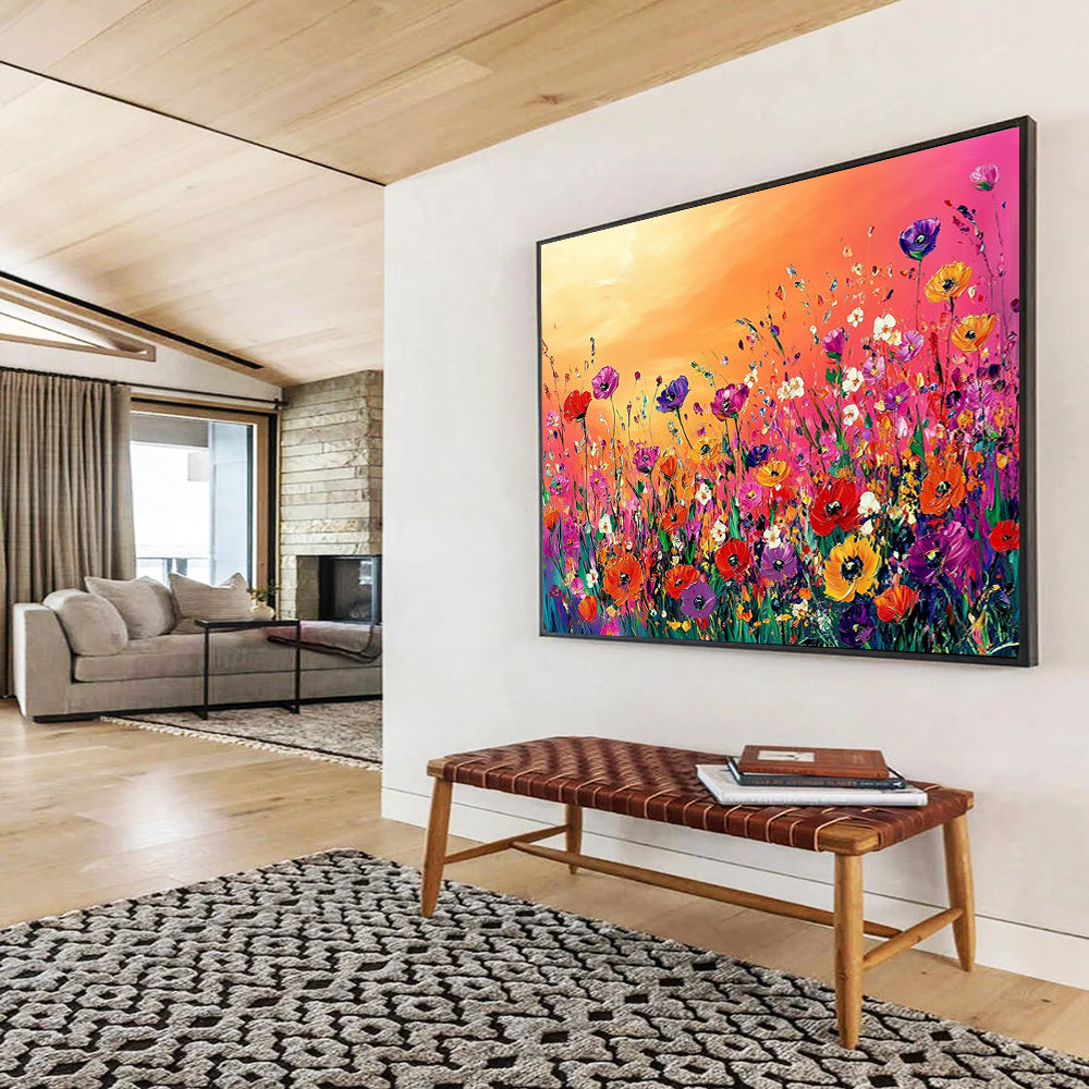 “Vibrant Flower Field” - Colorful, Flowers, Sunset Painting On Canvas HB0747