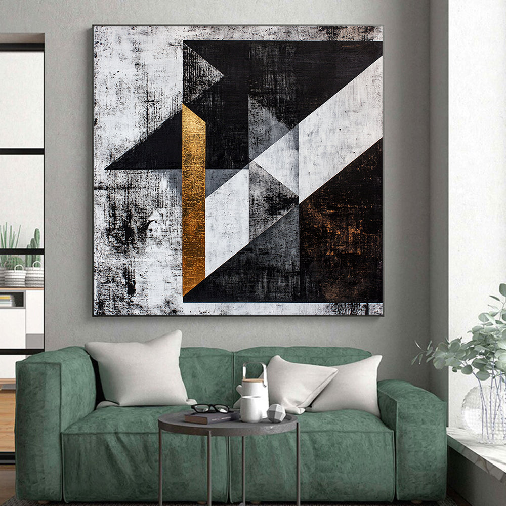 Black, White, Gray, Gold, Textured Triangles "Gilded Edges" Abstract Cubist - Inspired Painting On Canvas HB109