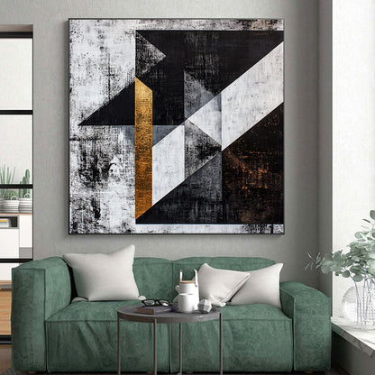 Black, White, Gray, Gold, Textured Triangles "Gilded Edges" Abstract Cubist - Inspired Painting On Canvas HB109