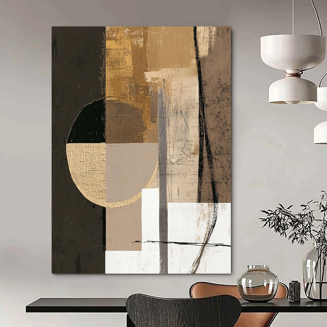 Contemporary hand-painted abstract artwork featuring earthy tones with textures, large circle, and small white square for tranquil harmony. DLZ0853