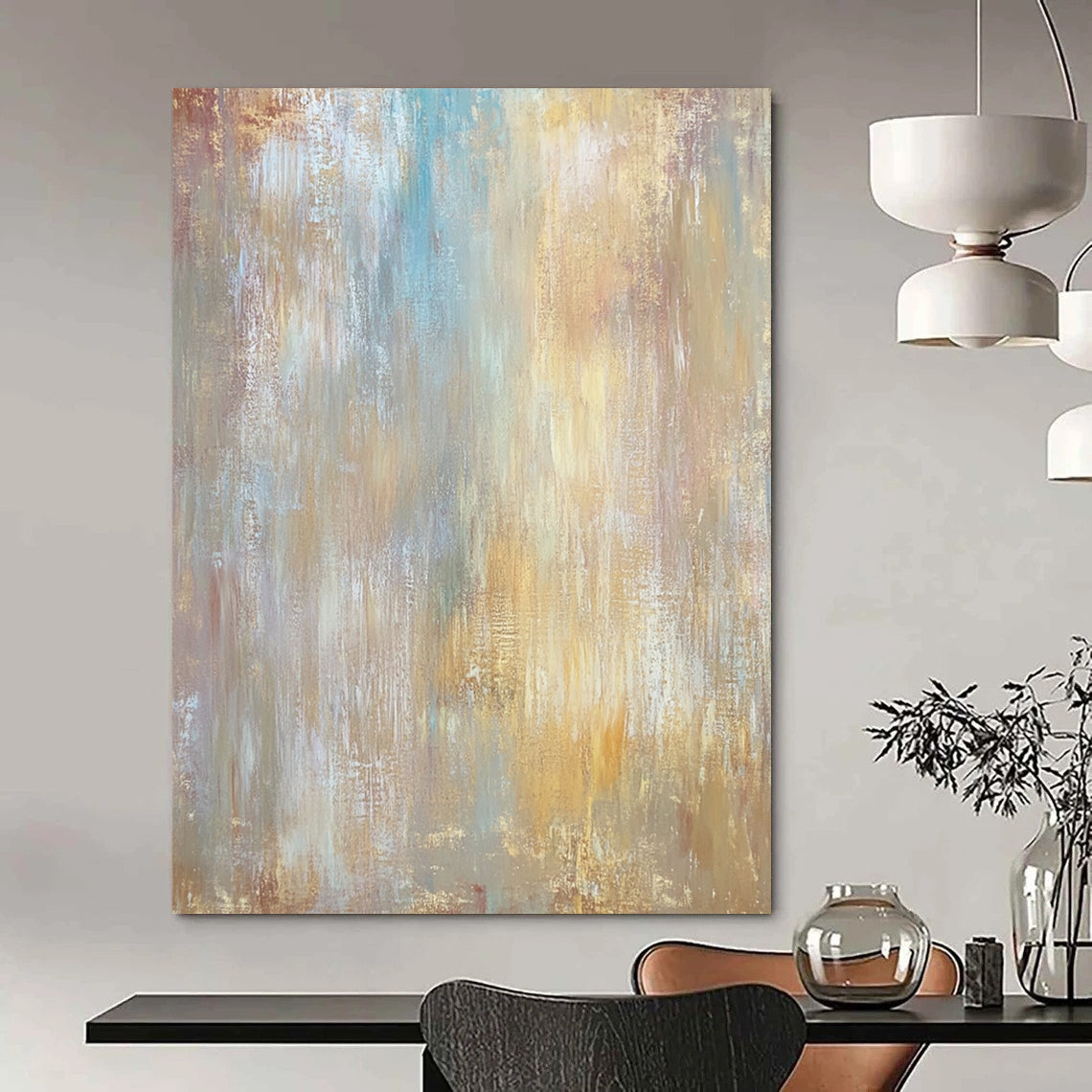 Contemporary abstract artwork features muted earth tones with soft textures and large brush strokes on wood for a stunning visual impact. DLZ0900