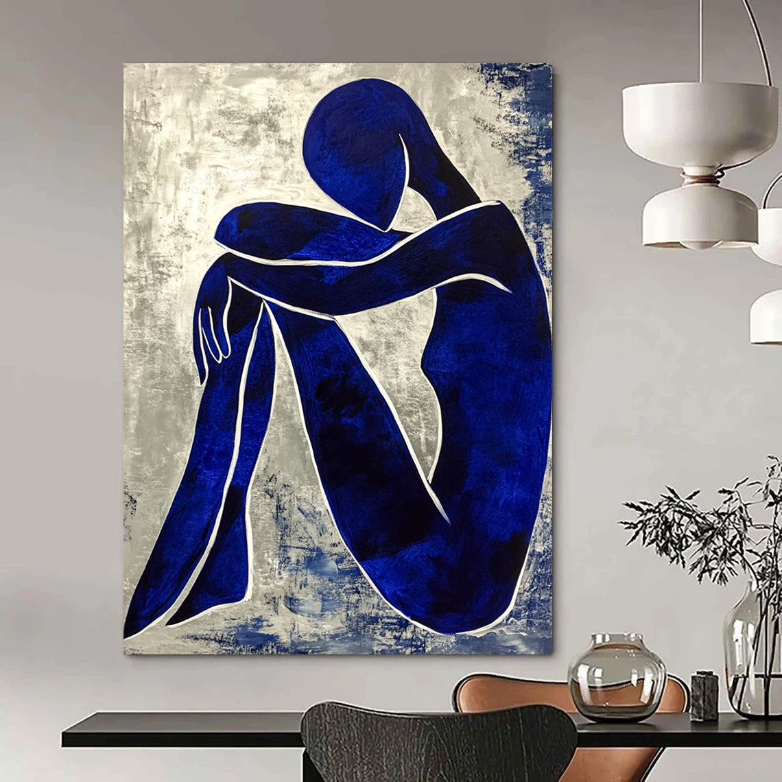 Contemporary abstract painting featuring a textured blue figure with crossed legs and hands on knees enhanced by white contour lines in the style of Matisse. DLZ0361