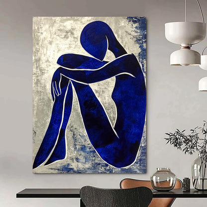 Contemporary abstract painting featuring a textured blue figure with crossed legs and hands on knees enhanced by white contour lines in the style of Matisse. DLZ0361