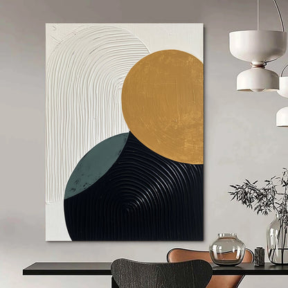 Contemporary hand-painted abstract art featuring minimalist black white and gold elements with textured ovals and curves in soothing beige and green tones. DLZ1353