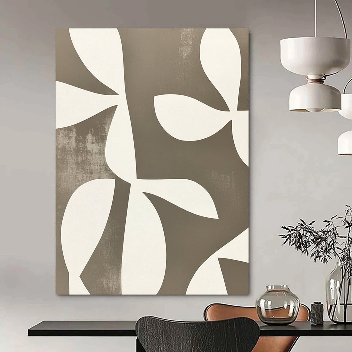 Contemporary abstract artwork featuring minimalist shapes and overlapping floral forms in white on grey, echoing Matisse’s style with defined edges. DLZ1648