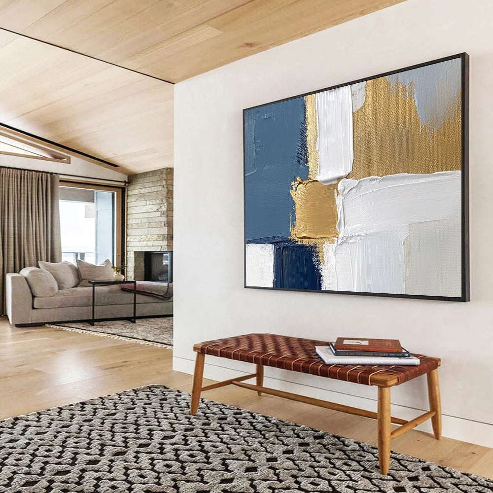 Blue, White, and Gold Geometric Abstract - Modernist Painting On Canvas HB0501