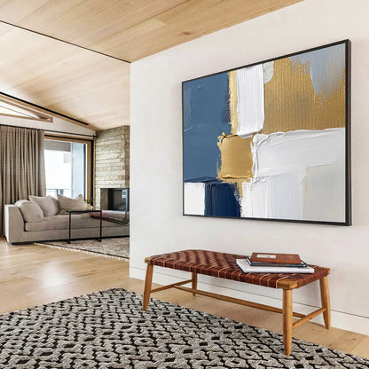 Blue, White, and Gold Geometric Abstract - Modernist Painting On Canvas HB0501