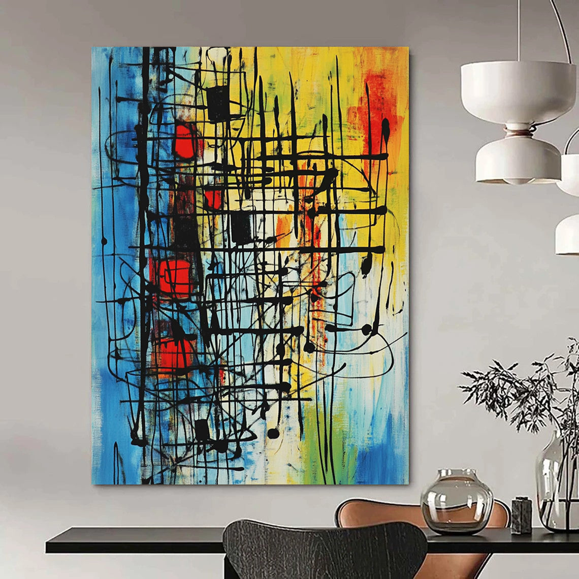 Contemporary abstract painting with vibrant colors and intricate patterns evokes movement and energy through bold lines and geometric shapes. DLZ1028