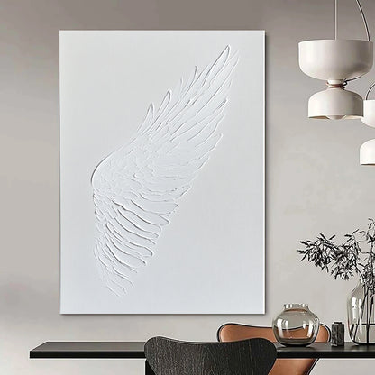 Contemporary abstract art featuring a white wing embossed in acrylic paint on a pristine canvas, showcasing minimalistic elegance and sophistication. DLZ1756