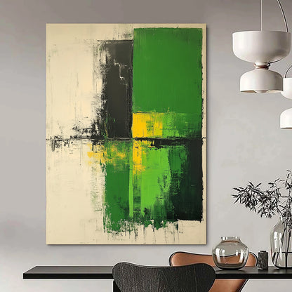 Contemporary large hand-painted abstract artwork in shades of green and white with neutral tones on textured canvas. DLZ0553