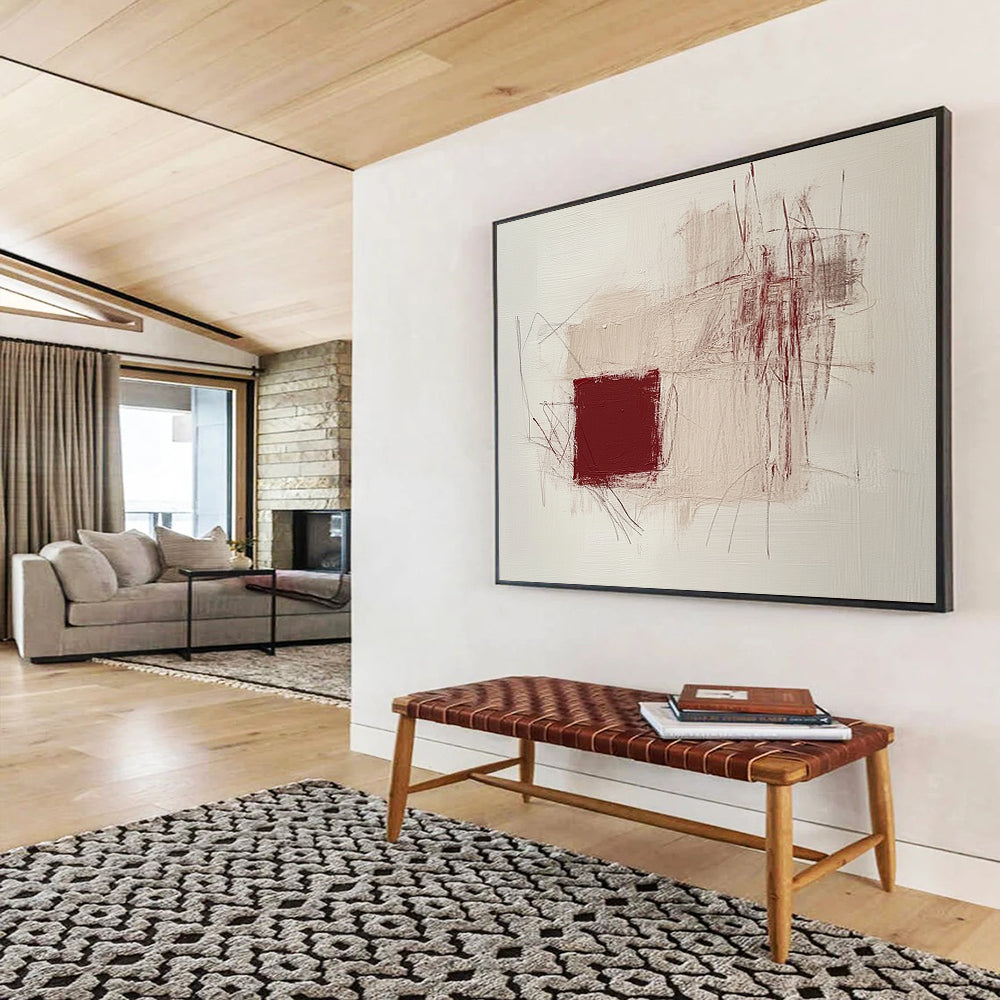 “Minimalist Maroon & Beige Abstraction” - Maroon, Beige, Abstract Shapes Painting On Canvas HB0767