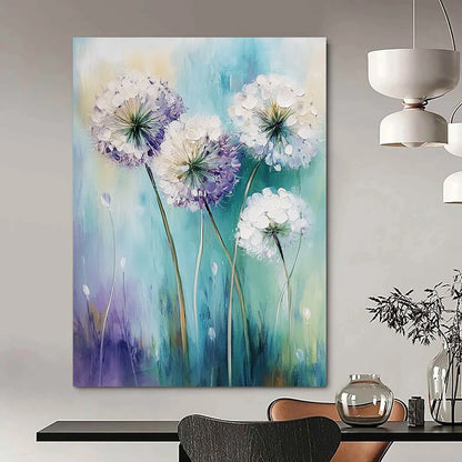 Contemporary abstract art featuring white alliums swaying in the wind with soft pale purple and teal hues in a gentle focus style. DLZ1730