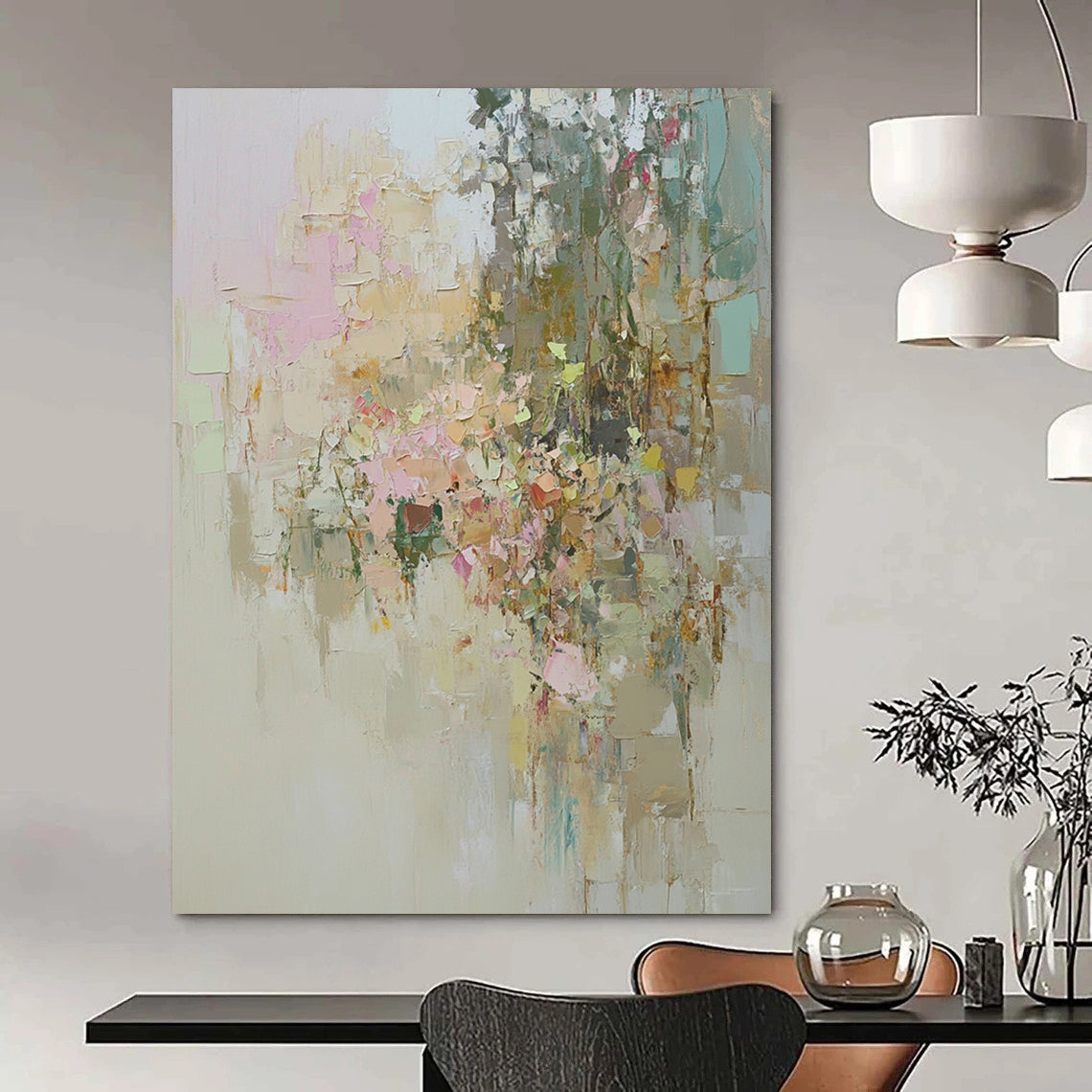 Contemporary abstract artwork showcasing an overgrown garden in muted pastels with visible textures and dreamy soft lighting emphasizing natural beauty. DLZ0889