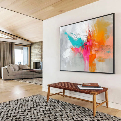 “Vibrant Color Clash” - Gray, teal, pink, orange; Dynamic abstract color strokes; Impasto Acrylic Painting On Canvas HB1206