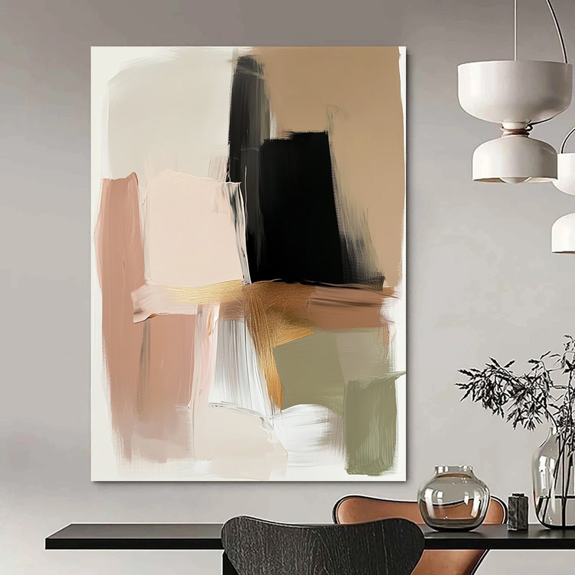Contemporary hand-painted abstract art in beige and black with gold accents featuring expressive brush strokes and a neutral palette of serene colors. DLZ0880