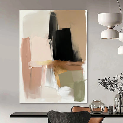 Contemporary hand-painted abstract art in beige and black with gold accents featuring expressive brush strokes and a neutral palette of serene colors. DLZ0880