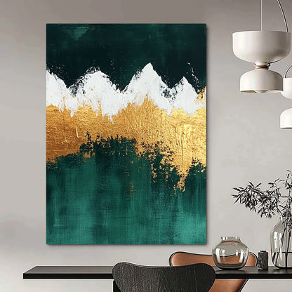 Contemporary hand-painted abstract art featuring gold and emerald green mountains with white snow enhanced by gold foil and textured surfaces. DLZ1321