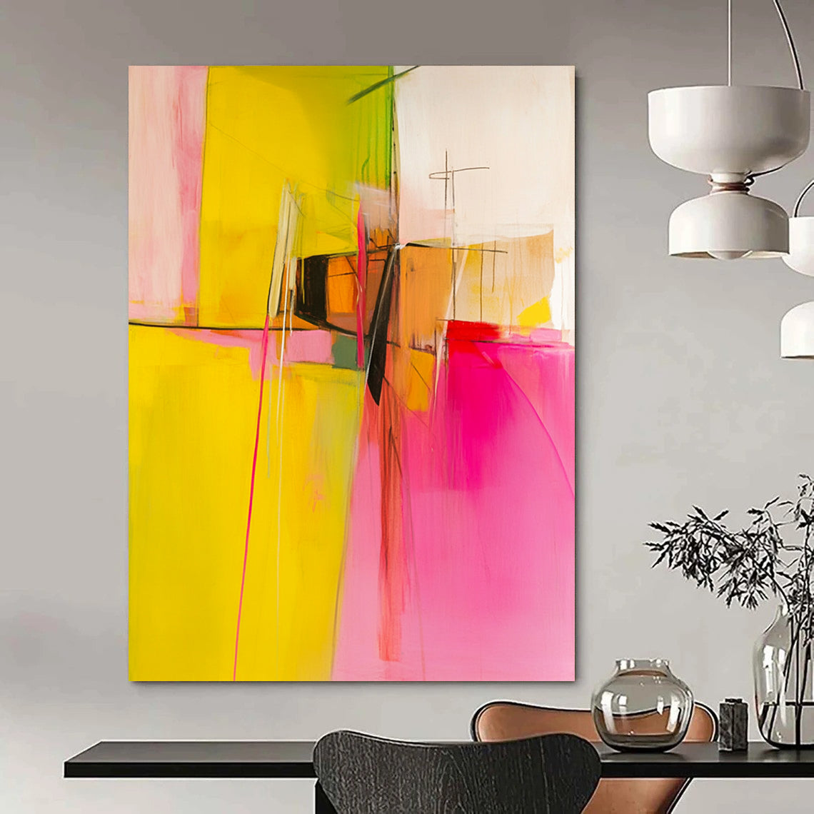 Contemporary abstract painting featuring pink and yellow hues, geometric shapes, and white space, evoking emotions through bold brushstrokes and soft curves. DLZ0719